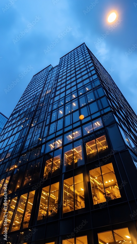 Aufkleber modern glass skyscraper with illuminated offices at dusk in urban cityscape setting : generative ai