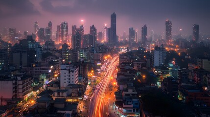 Obraz premium Night cityscape, highway light trails, urban contrast, India, travel