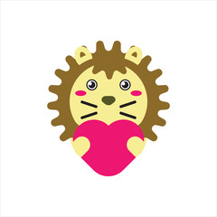 Funny character design of lion holding a hearr flat ucon vector illustration. 