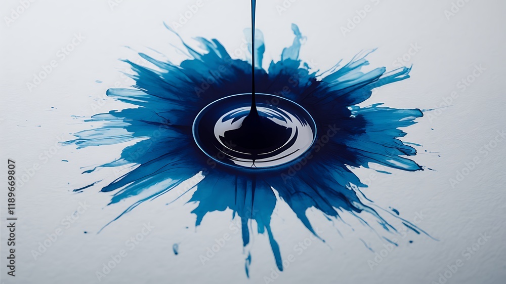 Aufkleber dark blue ink drips onto white surface, creating a vibrant, radial splash pattern with concentric ri