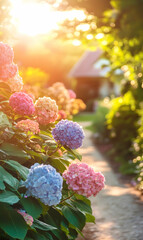 Hydrangeas in a Garden Path at Sunset