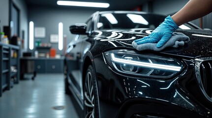 Professionelle Autoaufbereitung in einem Fachbetrieb: Nahaufnahme der Reinigung und Lackaufbereitung  von einem Auto mit glänzender, schwarzer Lackierung 	