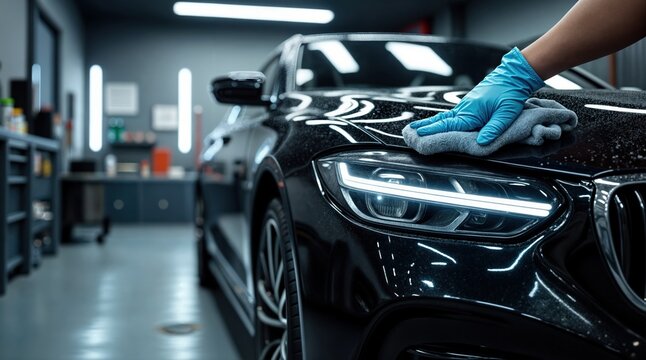 Professionelle Autoaufbereitung in einem Fachbetrieb: Nahaufnahme der Reinigung und Lackaufbereitung  von einem Auto mit gl&auml;nzender, schwarzer Lackierung 	
