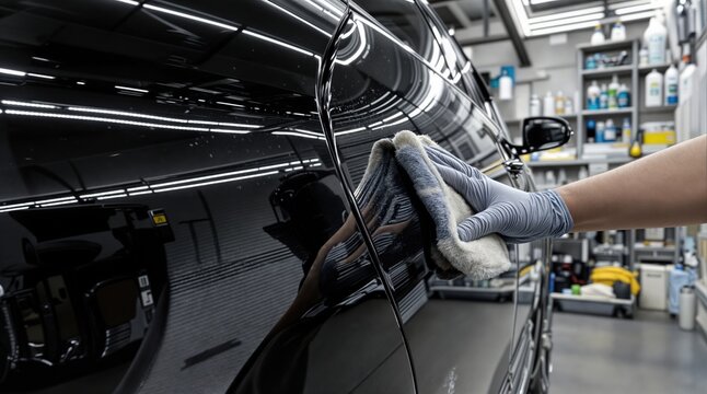 Professionelle Autoaufbereitung in einem Fachbetrieb: Nahaufnahme der Reinigung und Lackaufbereitung  von einem Auto mit gl&auml;nzender, schwarzer Lackierung 	