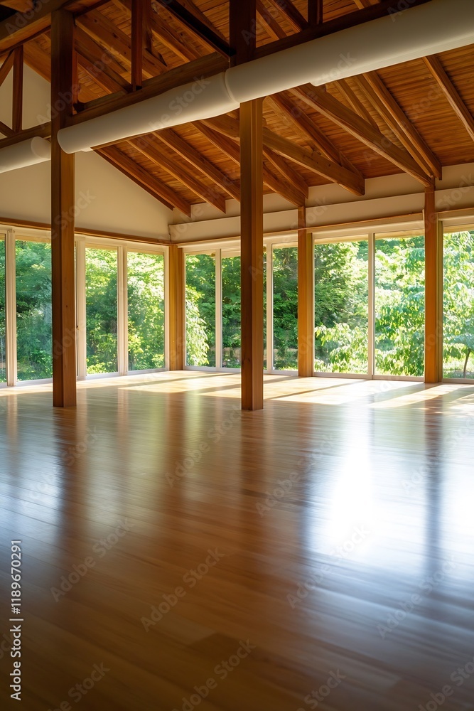 Poster Sunlit Spacious Wooden Interior with Floor to Ceiling Windows Overlooking Nature : Generative AI