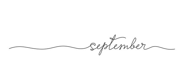 Lettering September drawn with continuous line in minimalism, abstract style, handwritten inscription, calendar, name of month, autumn, planner, word, letters, one line, editable vector contour