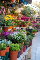 Fototapeta premium Colorful Flower Market Stall Displaying a Variety of Blooming Plants : Generative AI