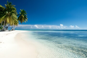 Fototapeta premium Tropical Paradise Beach with Clear Blue Water and Palm Trees Under Sunny Sky : Generative AI