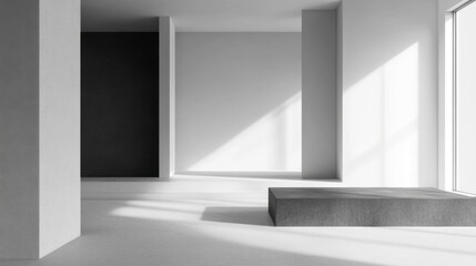 Fototapeta premium Minimalist Modern Interior Design, Concrete Platform, Sunlit Room