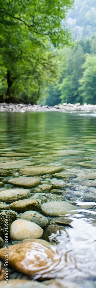 Poster serene river with clear water and rounded stones in lush green forest : generative ai