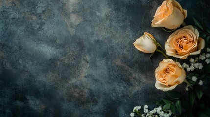 Peach Roses on Dark Textured Background - Copy Space