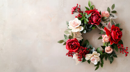 Charming floral wreath with red and pink roses, perfect for decor