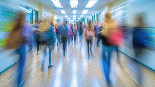 Blurred motion of students walking in a school hallway.