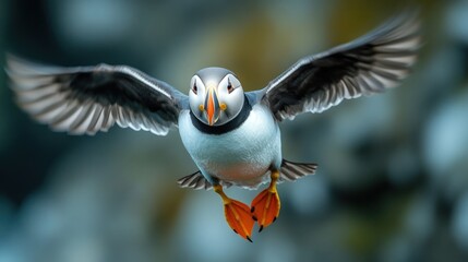 Close up of Atlantic puffin in flight