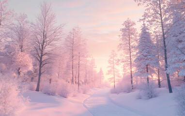 Fototapeta premium Pink Winter Wonderland: Enchanting Snow-Covered Forest Path at Sunrise