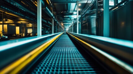 Fototapeta premium Industrial Conveyor Belt in Modern Factory - Futuristic Teal