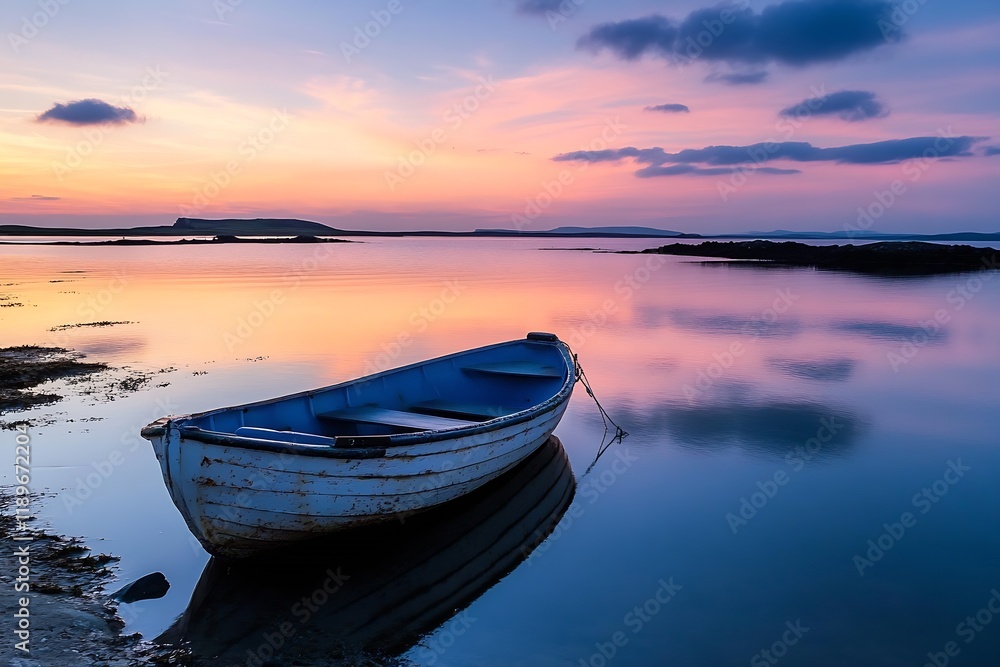 Poster solitary rowboat on a calm lake at sunset with beautiful colorful sky : generative ai