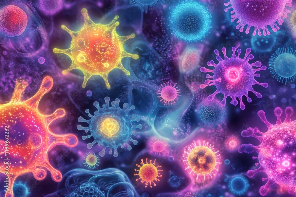 Aufkleber diverse microscopic microbes showcased in vibrant colors illustrating various shapes and textures in
