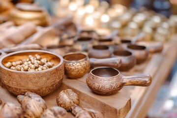 Fototapeta premium Intricately Carved Traditional Wooden Kitchen Utensils and Decorations Display : Generative AI