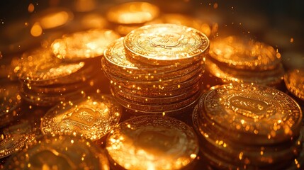 A close-up of shining gold coins stacked with a warm, glowing background.