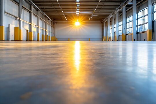 Intense sunshine illuminating spacious empty industrial warehouse interior : Generative AI