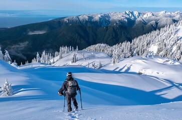 Snowshoer hiker in winter mountains. Mt Seymour. Vancouvr. BC. Canada