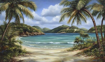 Fototapeta premium Serene tropical beach cove with palm trees, turquoise water, and lush greenery under a sunny sky.