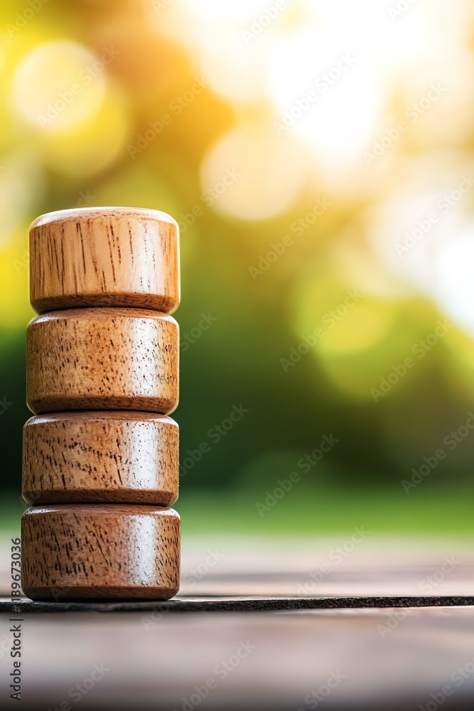 Poster Stack of wooden cylinders with sunlight bokeh background emphasizing nature and simplicity : Generative AI