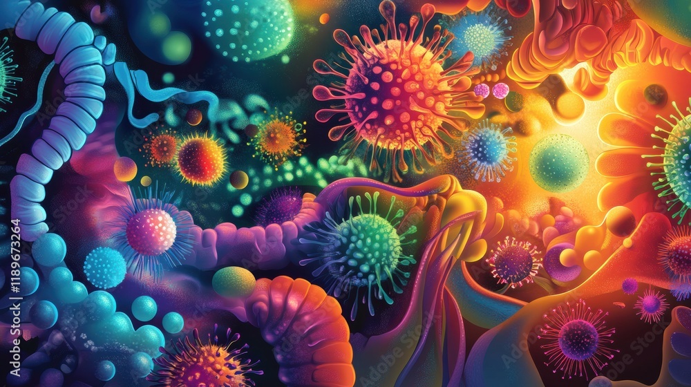 Fototapete exploring the vibrant world of microscopic microbes showcasing diverse shapes and intricate textures