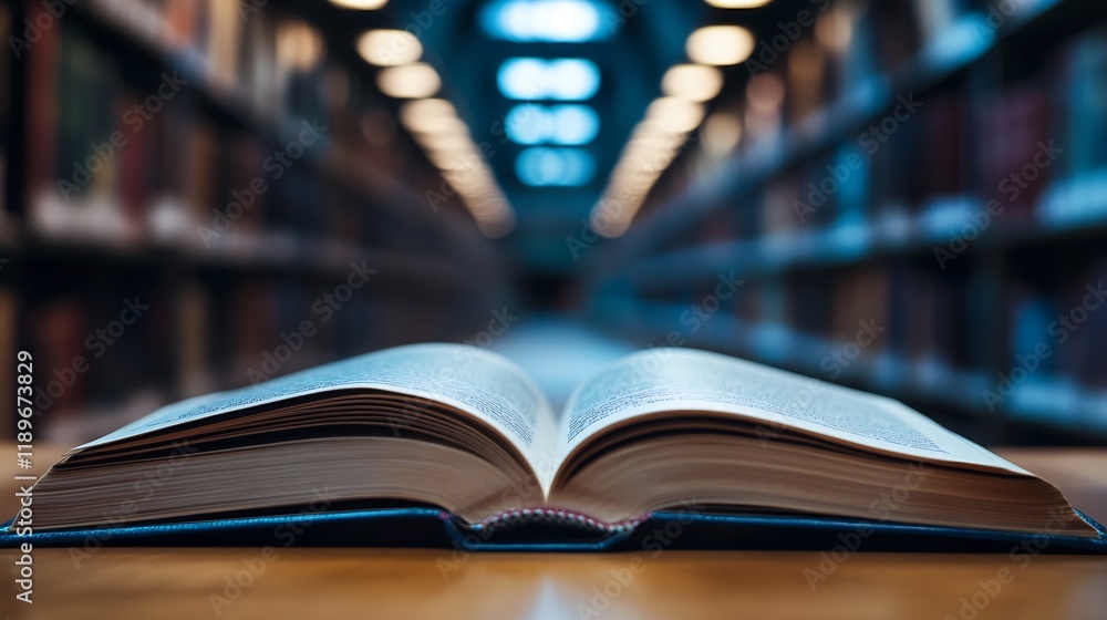 Poster open book in a quiet and dimly lit library with bookshelves : generative ai