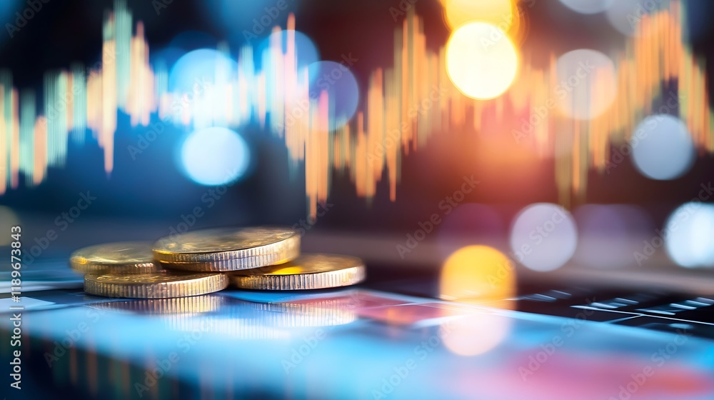Poster Stack of Golden Coins on Digital Display with Financial Stock Market Chart Background : Generative AI