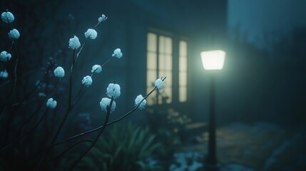 Fototapeta premium Snowy Night Scene Winter Flowers Near Lamp