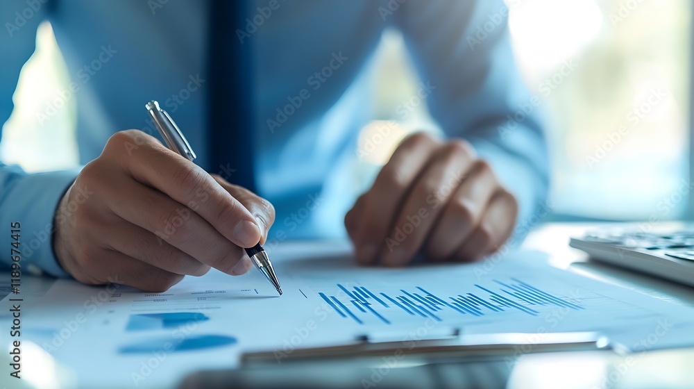 Poster Focused Business Analysis with Pen on Graphs and Charts in Office Setting : Generative AI