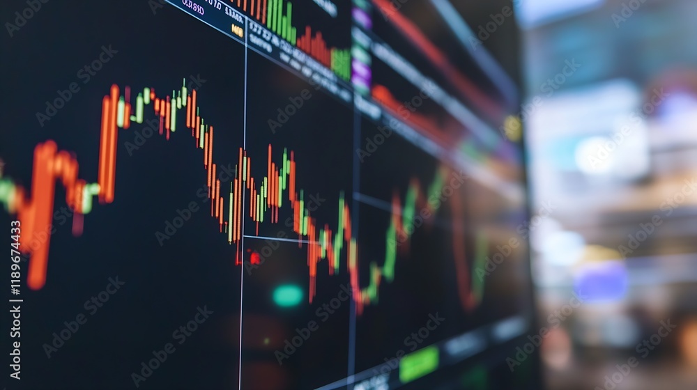 Aufkleber Closeup of digital stock market graphs with fluctuating financial data on a screen : Generative AI