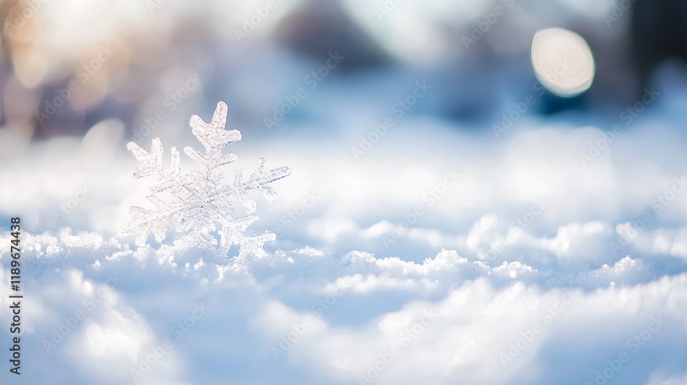 Aufkleber close-up of delicate snowflake illuminated by sunlight on soft snowy background : generative ai