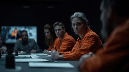 Business team members in orange jumpsuits review crisis scenario on display. Serious expressions, intense discussion, emergency response plan review in progress. Team analyzes incident details,