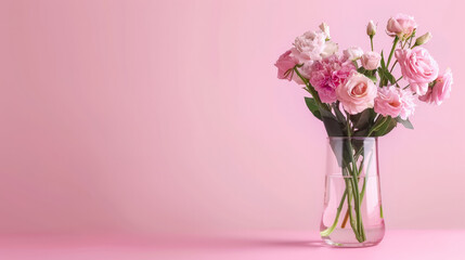 Obraz premium Elegant pink peony and cream rose bouquet in glass vase on pink background