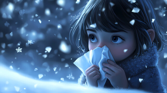 A sniffling child clutches a tissue. this emotive image suits healthcare campaigns or children's products related to colds and flu. Snowveil. Illustration