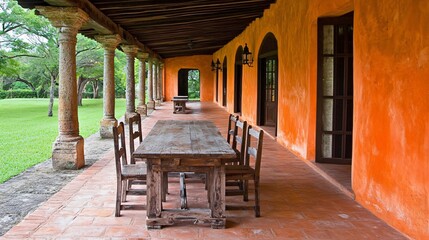 Fototapeta premium Rustic Wooden Table on Colonial Courtyard Patio