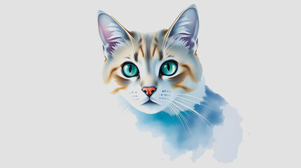 Watercolor portrait of a cat with blue eyes on a white background