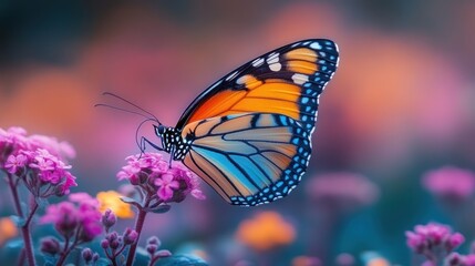 Vibrant monarch butterfly feeding on purple flowers in a soft-focus garden setting at sunset.