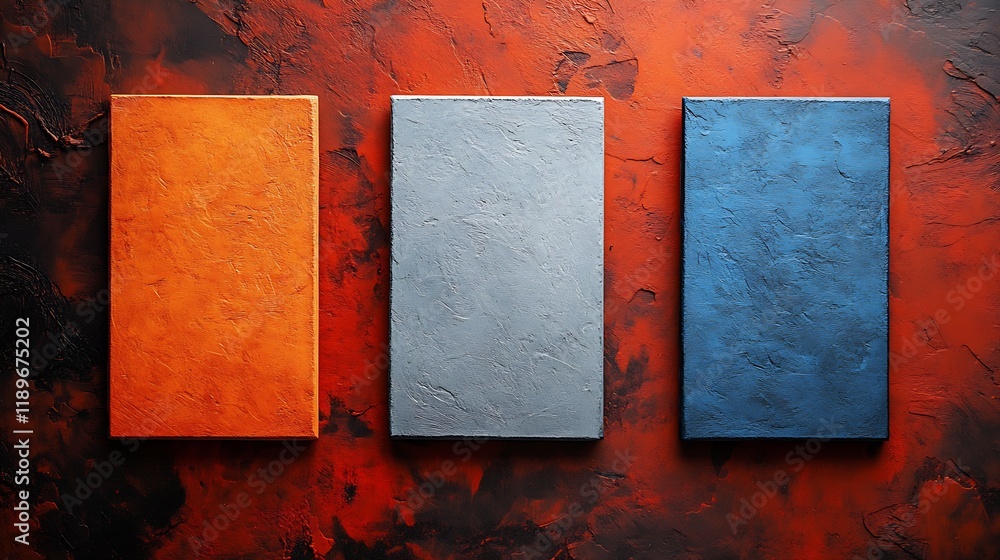 Poster Textured Abstract Art with Trio of Bold Colored Rectangles on Rustic Background : Generative AI
