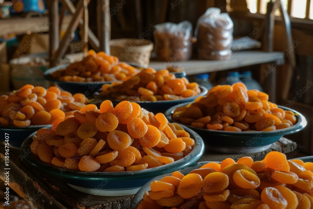 Poster colorful dried apricots piled high in bowls, creating a visually appealing display in a rustic setti