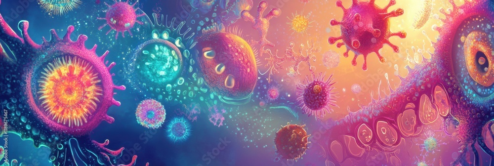 Leinwandbilder exploring diverse microscopic microbes showcasing unique shapes and vibrant colors in a colorful env