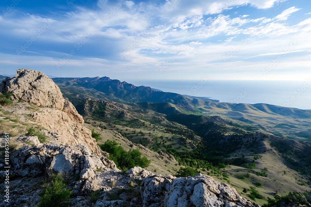 Poster stunning coastal mountain range with vast views of the ocean : generative ai