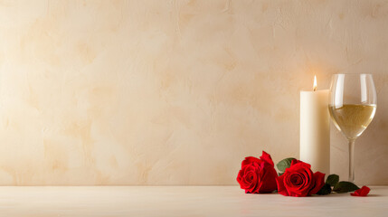 Romantic candlelit dinner setup with red roses and wine