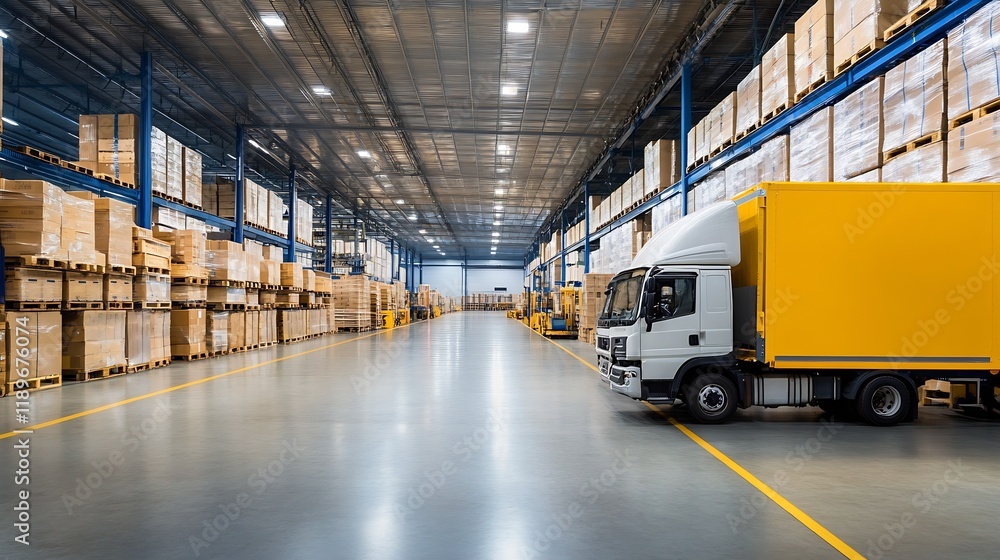Poster warehouse interior with neatly stacked boxes and a delivery truck ready for shipping : generative ai
