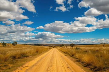 Scenic view of a dirt road stretching through golden fields under a blue sky dotted with white clouds