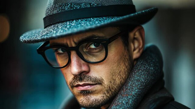 Elegant man in a hat and black glasses looks at you with a stern gaze