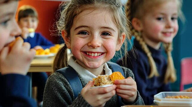 Happy young school children enjoy packed lunches during lunchtime at school, Happy young school children eating packed lunches in school cafeteria